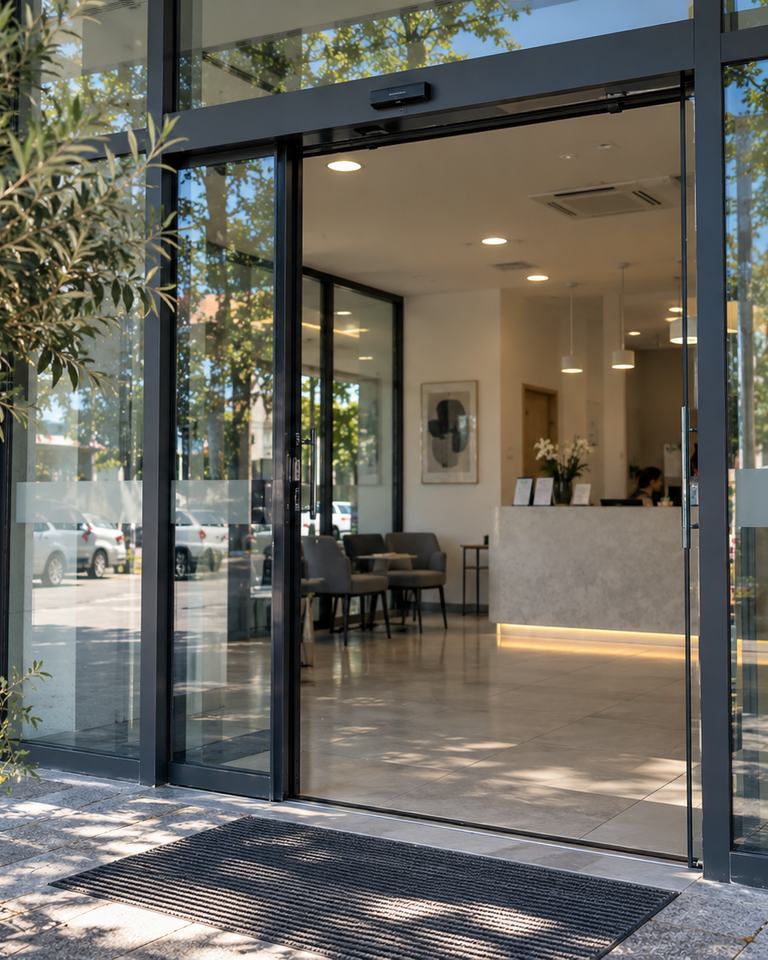 A clinic entrance with glass sliding doors, the reception desk visible inside