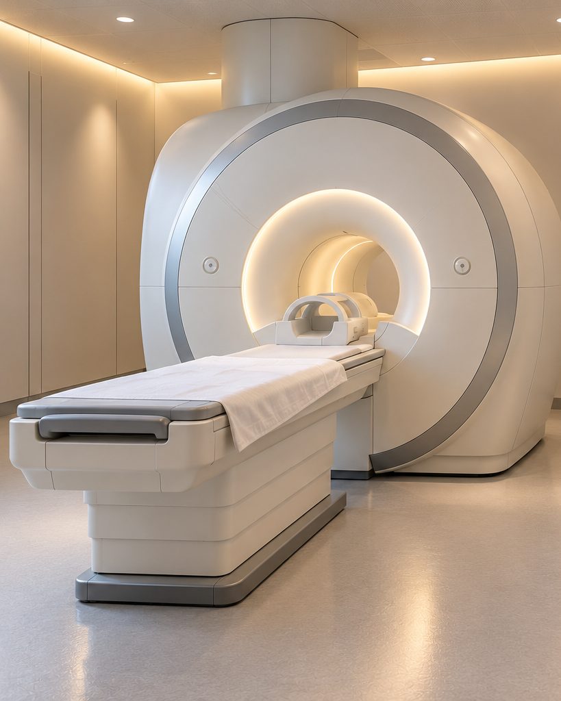 An empty room with an MRI scanner and its sliding table